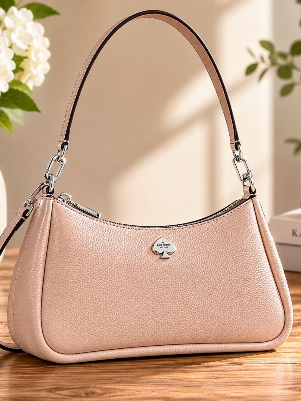 Kate Spade NWT Kayla Pebbled Leather Convertible Crossbody Powder Pink w Silver
